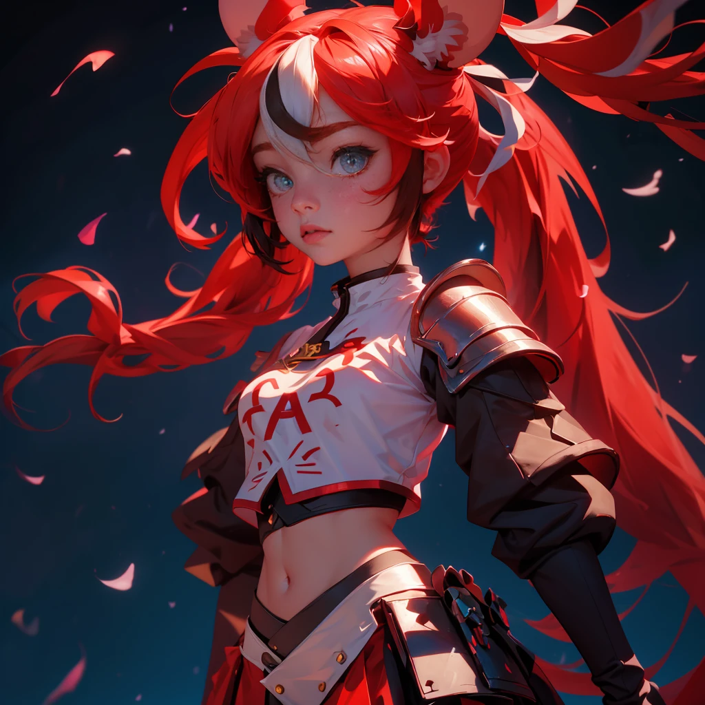 envision a 8k, highres, cinematic, close up beautiful portrait of an evil small Chaos girl named Hakos Baelz with long red and white hair in pigtails, mouse ears, blue eyes, in a cropped white shirt with armor, and red skirt against a dark gray background