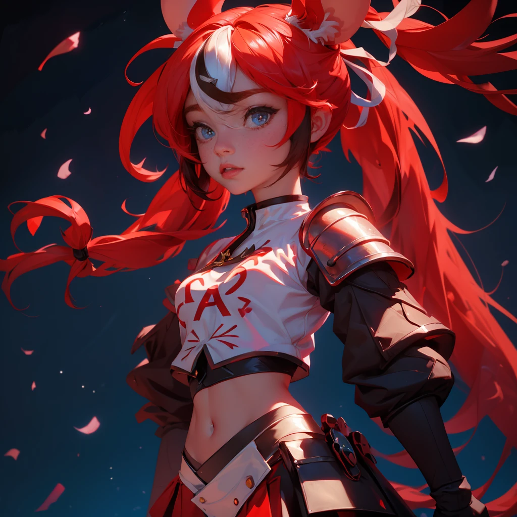 envision a 8k, highres, cinematic, close up beautiful portrait of an evil small Chaos girl named Hakos Baelz with long red and white hair in pigtails, mouse ears, blue eyes, in a cropped white shirt with armor, and red skirt against a dark gray background