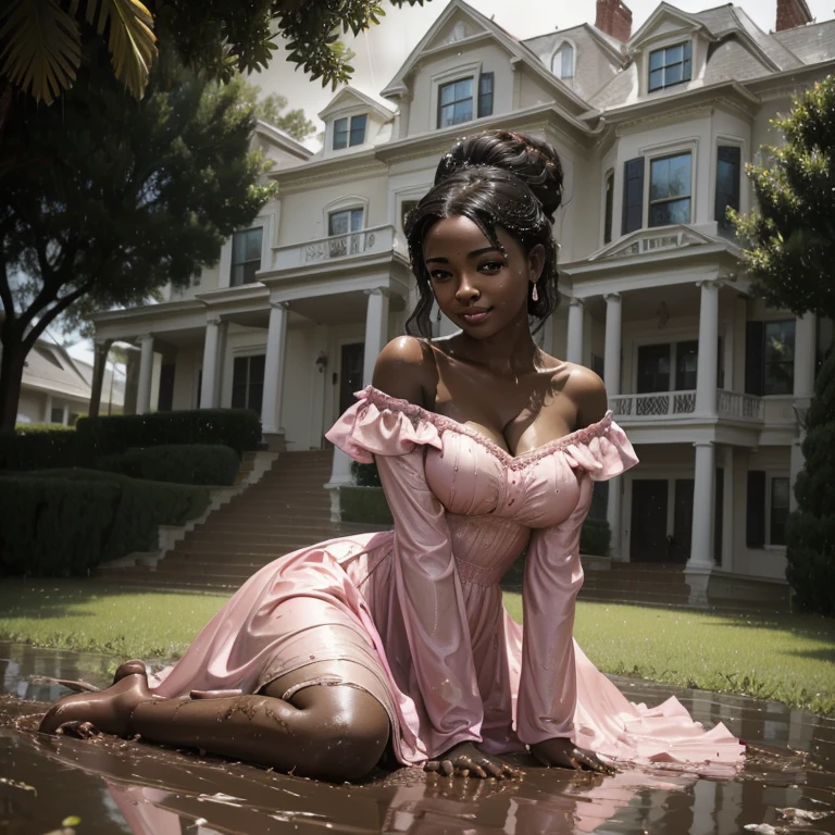 (on the front lawn of a georgia mansion), (in a rainstorm), (low-angle shot), photo of a beautiful ebony princess in a pink renaissance off-shoulder festival dress, sitting on the ground, playing in the mud on a rainy day, covered in mud, mud splashing, laughing, sexy and glamorous