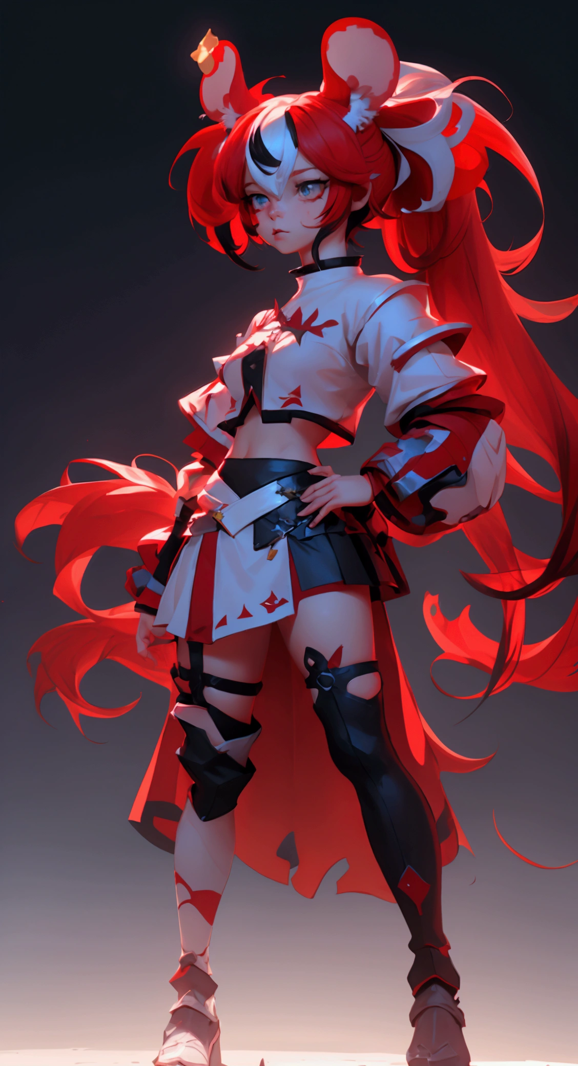 envision a 8k, highres, cinematic, beautiful full body design sheet of an evil small Chaos girl named Hakos Baelz with long red and white hair in pigtails, mouse ears, blue eyes, in a cropped white shirt with armor, and red skirt against a dark gray background