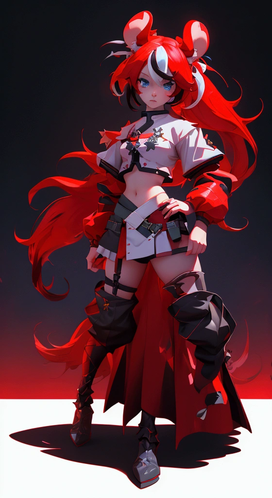 envision a 8k, highres, cinematic, beautiful full body design sheet of an evil small Chaos girl named Hakos Baelz with long red and white hair in pigtails, mouse ears, blue eyes, in a cropped white shirt with armor, and red skirt against a dark gray background