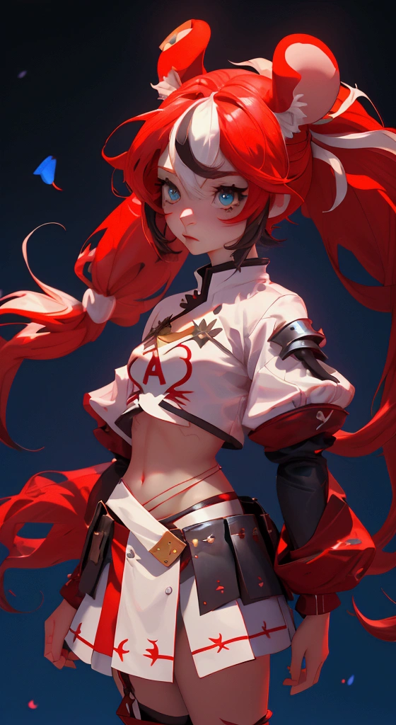 envision a 8k, highres, cinematic, beautiful full body design sheet of an evil small Chaos girl named Hakos Baelz with long red and white hair in pigtails, mouse ears, blue eyes, in a cropped white shirt with armor, and red skirt against a dark gray background