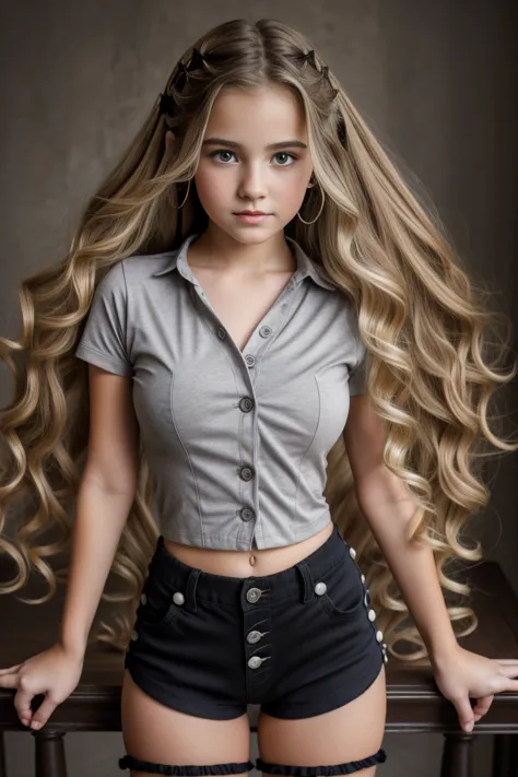 fine art portrait of a  twins young13yo  buttons shorts buttons on shirts girl whit big breasted long curly hair blond hair blac...