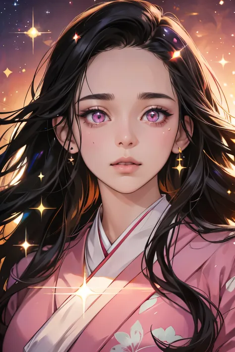 nezuko from demon slayer. a young woman with long dark hair, (pink eyes), beautiful detailed eyes, beautiful detailed lips, extr...