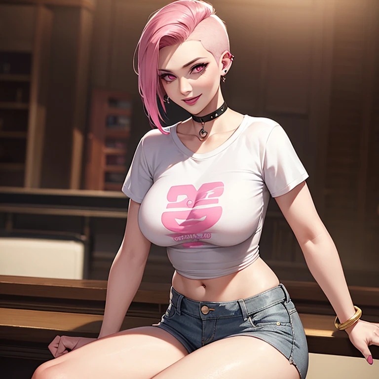 Beautiful woman, undercut, shaved hair, pink hair, pink eyes, dark lipstick, smiling, bracelet, large breasts, gray t-shirt, beige jeans, piercing, sitting