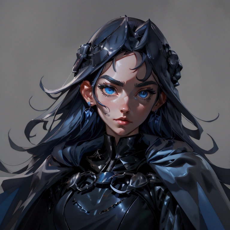 envision a 8k, highres, cinematic, close up beautiful portrait of an Big tall girl named Kronii Ouro with long dark blue hair in a bun, blue eyes, wearing a tight black superhero suit with a long flowing blue cape, a black helmet mask against a dark background