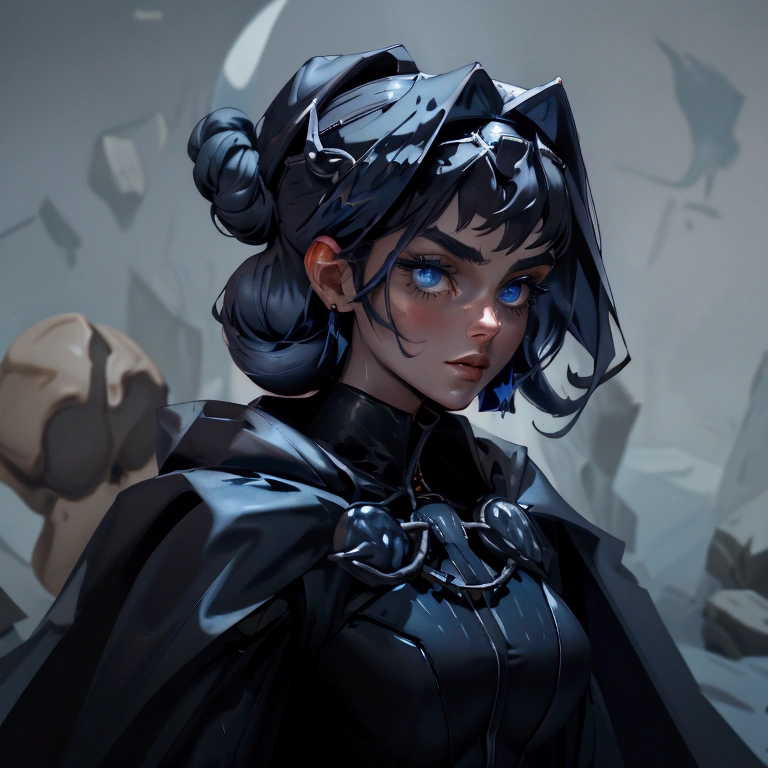 envision a 8k, highres, cinematic, close up beautiful portrait of an Big tall girl named Kronii Ouro with long dark blue hair in a bun, blue eyes, wearing a tight black superhero suit with a long flowing blue cape, a black helmet mask against a dark background