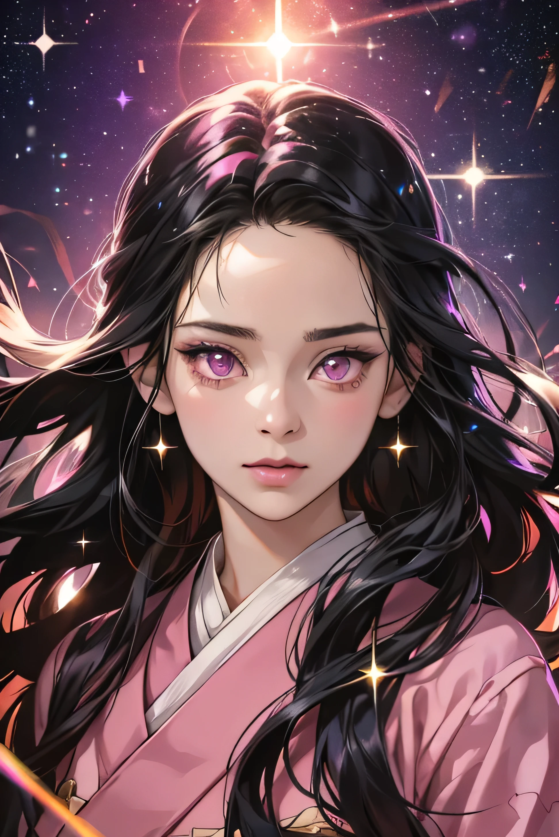 Nezuko from demon slayer. a young woman with long dark hair, (pink eyes), beautiful detailed eyes, beautiful detailed lips, extremely detailed face, longeyelashes, wearing a pink kimono, (best quality,4k,8k,highres,masterpiece:1.2),ultra-detailed,(realistic,photorealistic,photo-realistic:1.37),digital painting,exquisite detail,intricate details,highly detailed,vivid colors,warm lighting,cinematic lighting,dramatic lighting, iridescence, dramatic angle, space, (floating colorful sparkles:1.3), Dramatic Lighting, Chiaroscuro, Evocative Depth. Face Portrait. Close up. 