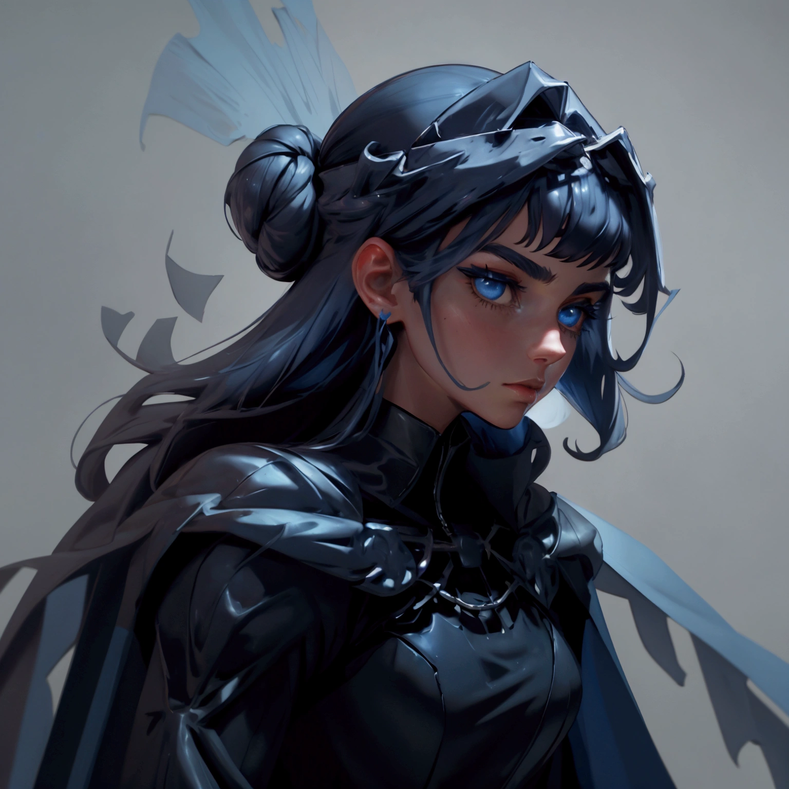 envision a 8k, highres, cinematic, close up beautiful portrait of an Big tall girl named Kronii Ouro with long dark blue hair in a bun, blue eyes, wearing a tight black superhero suit with a long flowing blue cape, a black helmet mask against a dark background