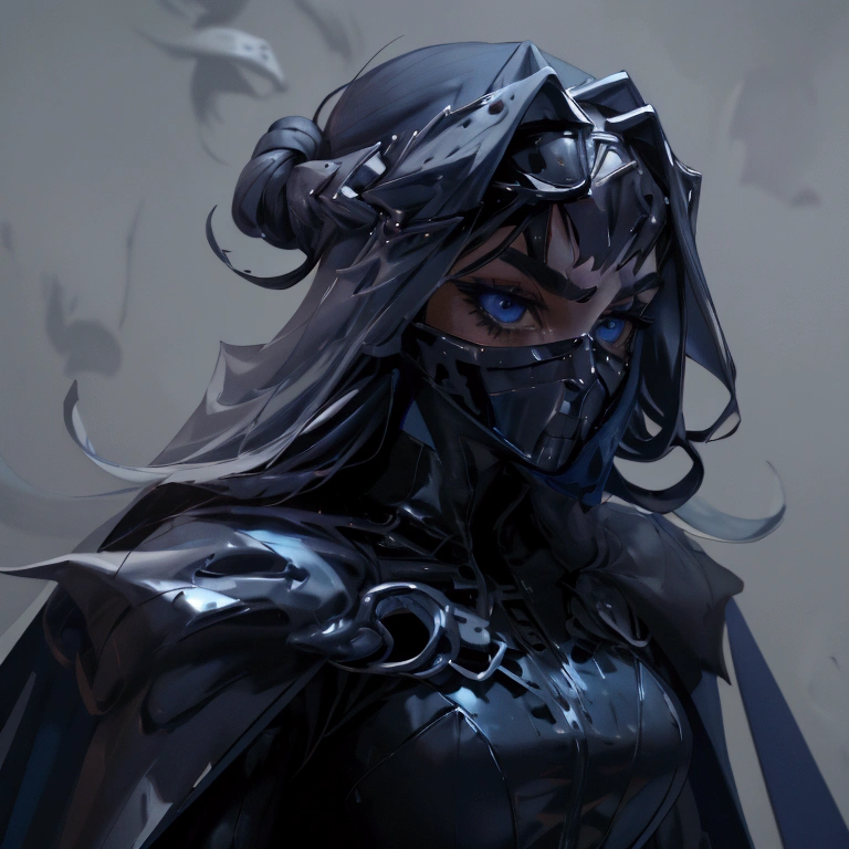 envision a 8k, highres, cinematic, close up beautiful portrait of an Big tall girl named Kronii Ouro with long dark blue hair in a bun, blue eyes, wearing a tight black superhero suit with a long flowing blue cape, a black helmet mask against a dark background