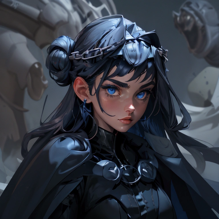 envision a 8k, highres, cinematic, close up beautiful portrait of an Big tall girl named Kronii Ouro with long dark blue hair in a bun, blue eyes, wearing a tight black superhero suit with a long flowing blue cape, a black helmet mask against a dark background