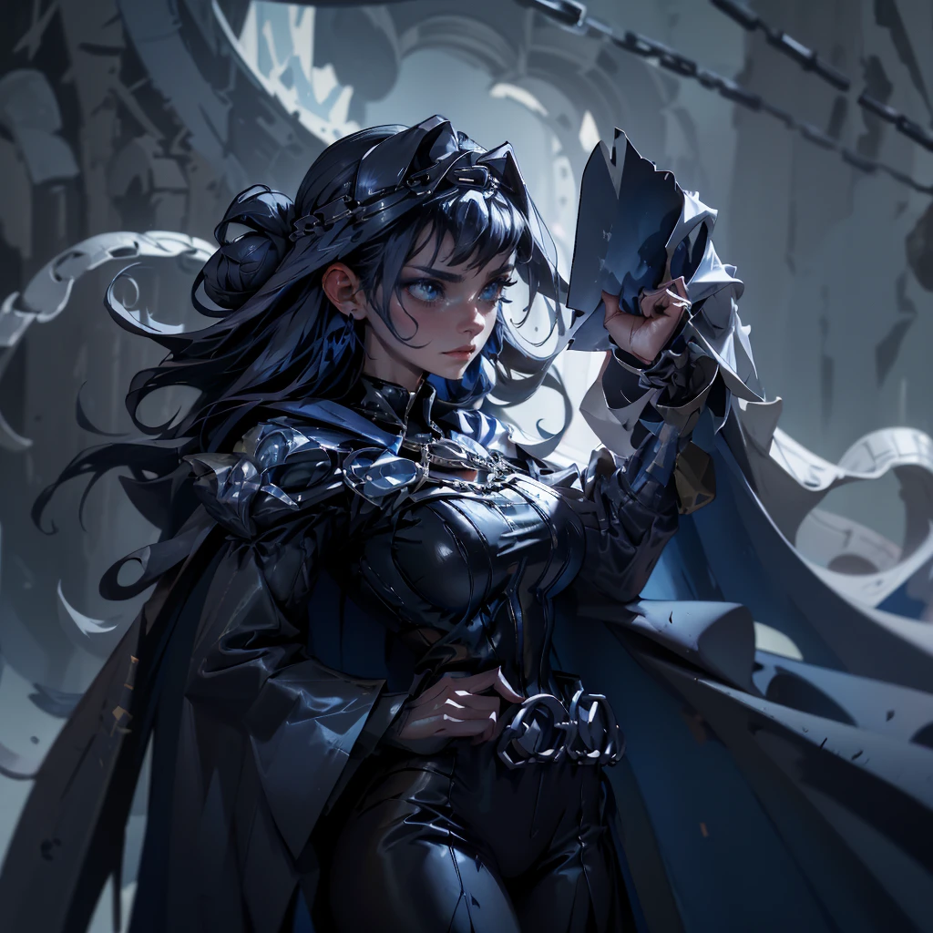 envision a 8k, highres, cinematic, close up beautiful portrait of an Big tall girl named Kronii Ouro with long dark blue hair in a bun, blue eyes, wearing a tight black superhero suit with a long flowing blue cape, wrapped in chains, wearing black helmet mask against a dark background