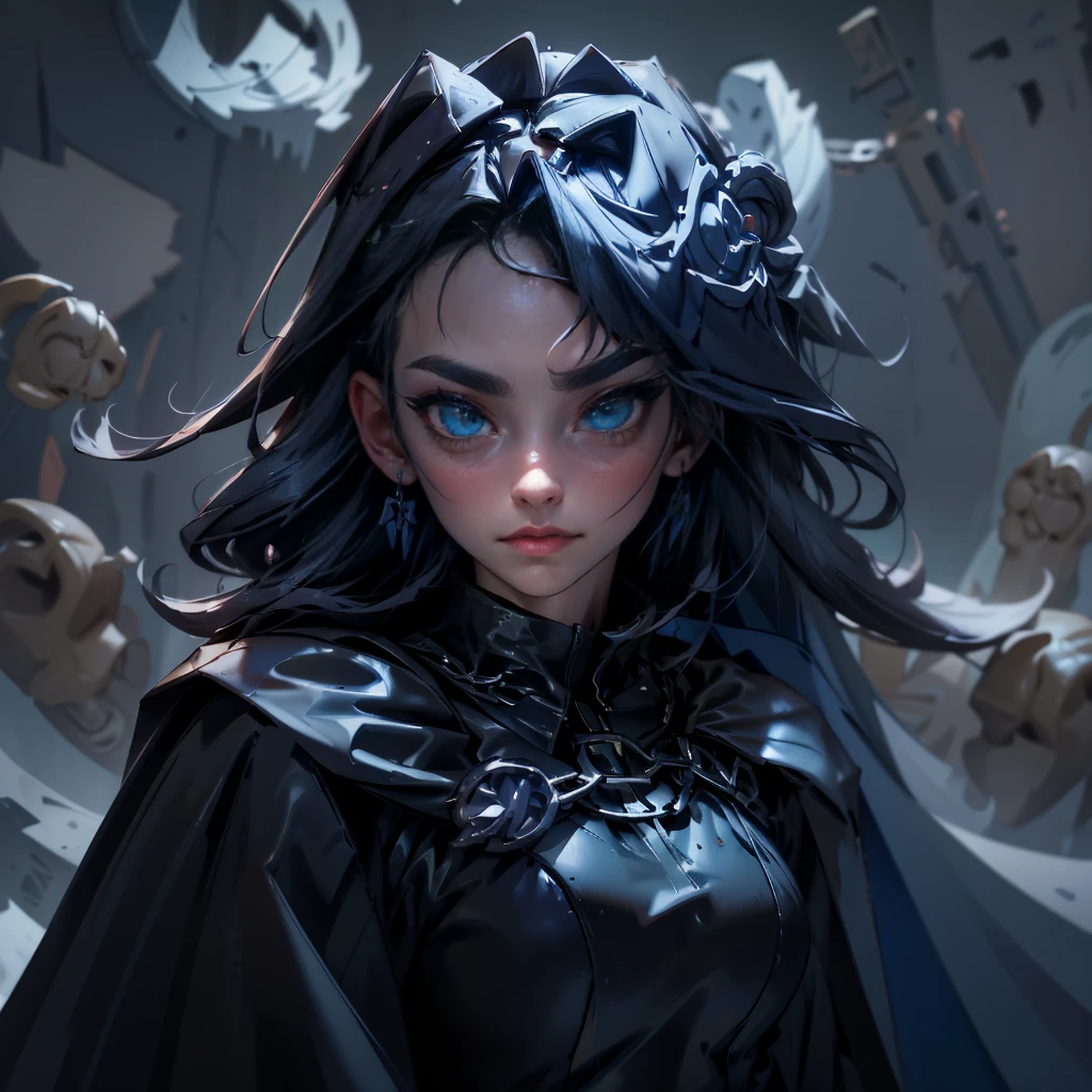 envision a 8k, highres, cinematic, close up beautiful portrait of an Big tall girl named Kronii Ouro with long dark blue hair in a bun, blue eyes, wearing a tight black superhero suit with a long flowing blue cape, wrapped in chains, wearing black helmet mask against a dark background