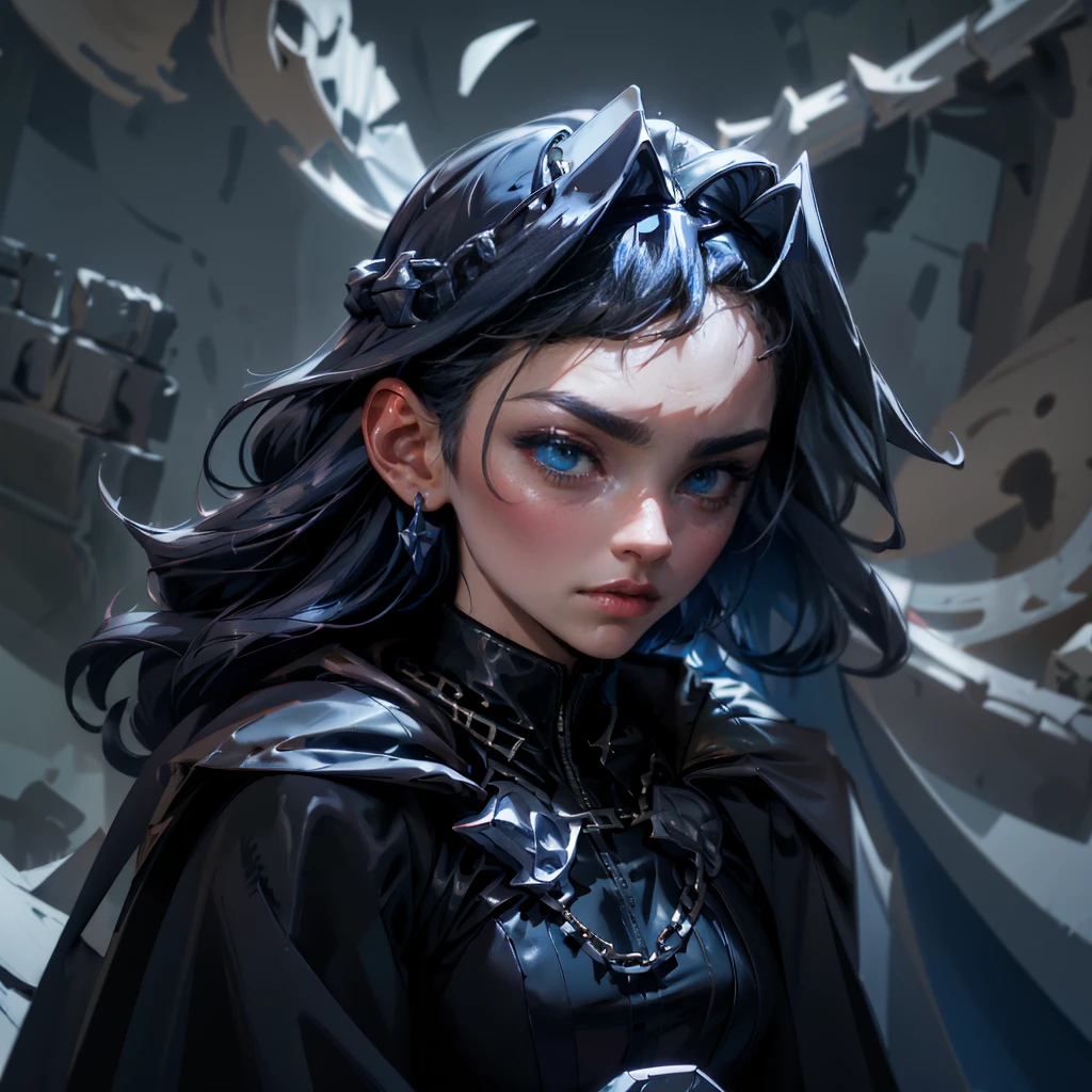 envision a 8k, highres, cinematic, close up beautiful portrait of an Big tall girl named Kronii Ouro with long dark blue hair in a bun, blue eyes, wearing a tight black superhero suit with a long flowing blue cape, wrapped in chains, wearing black helmet mask against a dark background