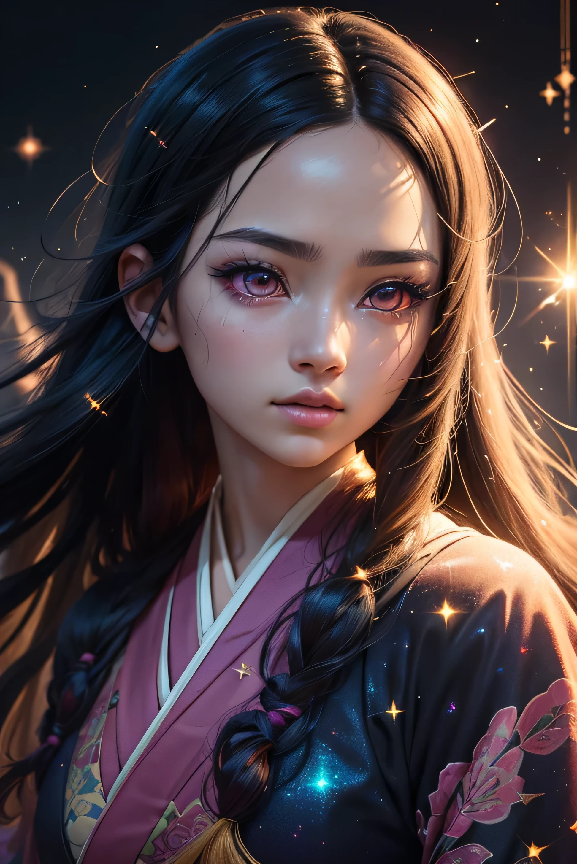 Nezuko from demon slayer. a young woman with long dark hair, (pink eyes), beautiful detailed eyes, beautiful detailed lips, extremely detailed face, longeyelashes, wearing a pink kimono, (best quality,4k,8k,highres,masterpiece:1.2),ultra-detailed,(realistic,photorealistic,photo-realistic:1.37),digital painting,exquisite detail,intricate details,highly detailed,vivid colors,warm lighting,cinematic lighting,dramatic lighting, iridescence, dramatic angle, space, (floating colorful sparkles:1.3), Dramatic Lighting, Chiaroscuro, Evocative Depth, Face Portrait, Close up, ulzzang, 