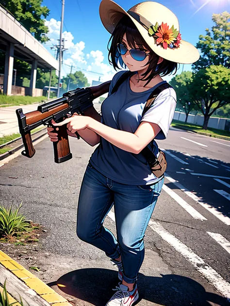 1girl, brunette, short hair, gun, ak47, sun hat, sunglasses, blue tshirt, flower in hat, jeans, white sports shoes