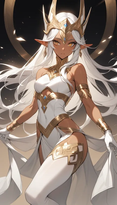 a woman elf with long white hair and golden eyes, tanned skin, long white gloves, white thighhighs, arm bangle, headpiece