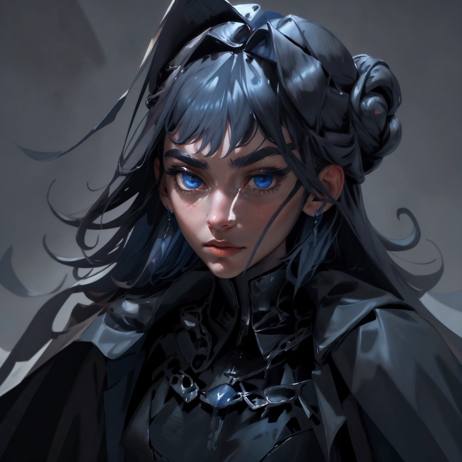 envision a 8k, highres, cinematic, close up beautiful portrait of an Big tall girl named Kronii Ouro with long dark blue hair in a bun, blue eyes, wearing a tight black superhero suit with a long flowing blue cape, a black helmet mask against a dark background