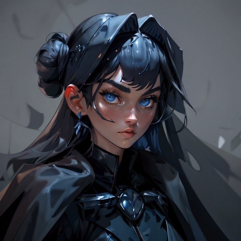 envision a 8k, highres, cinematic, close up beautiful portrait of an Big tall girl named Kronii Ouro with long dark blue hair in a bun, blue eyes, wearing a tight black superhero suit with a long flowing blue cape, a black helmet mask against a dark background