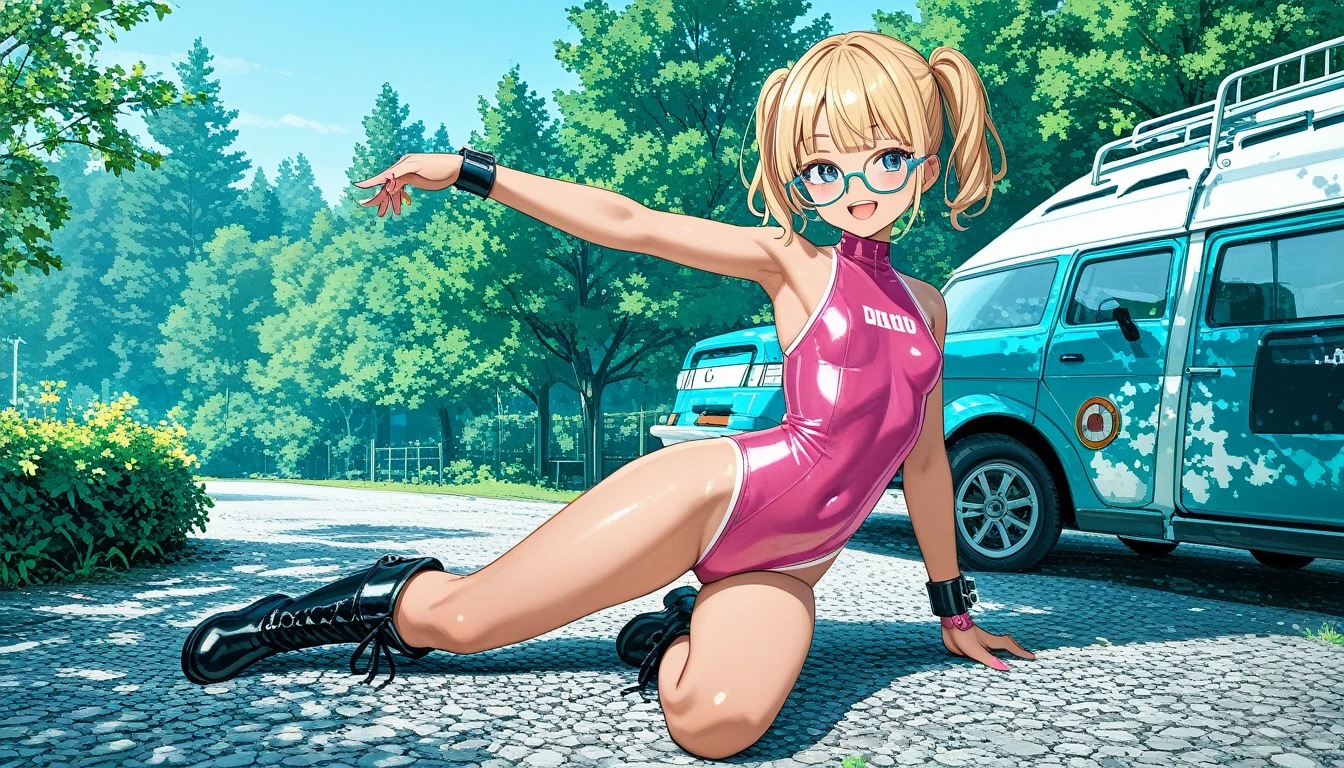 cute, sassy, blonde, teeny girl, blue eyes, tanned, short bangs hairstyle parted into twin tails, big glasses, metallic pink latex swimsuit, high crotch, high black boots, naughty smile, kneeling, sexy panther pose, minimalist backstage, ecchi anime, cinematic, dynamic view, full body,