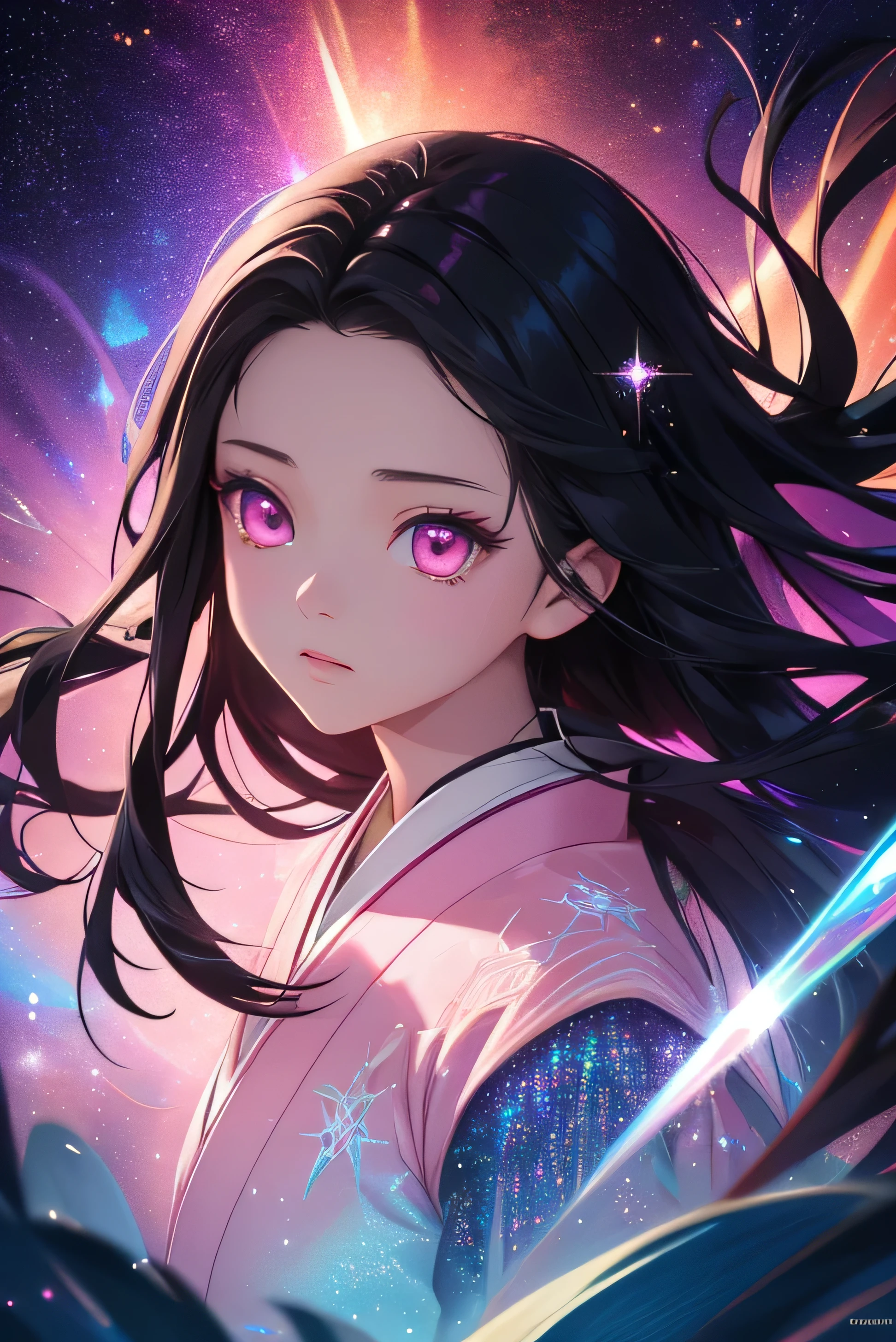 Nezuko from demon slayer. a young woman with long dark hair, (pink eyes), beautiful detailed eyes, beautiful detailed lips, extremely detailed face, longeyelashes, wearing a pink kimono, (best quality,4k,8k,highres,masterpiece:1.2),ultra-detailed,(realistic,photorealistic,photo-realistic:1.37),digital painting,exquisite detail,intricate details,highly detailed,vivid colors,warm lighting,cinematic lighting,dramatic lighting, iridescence, dramatic angle, space, (floating colorful sparkles:1.3), Dramatic Lighting, Chiaroscuro, Evocative Depth, Face Portrait, Close up, ulzzang, 