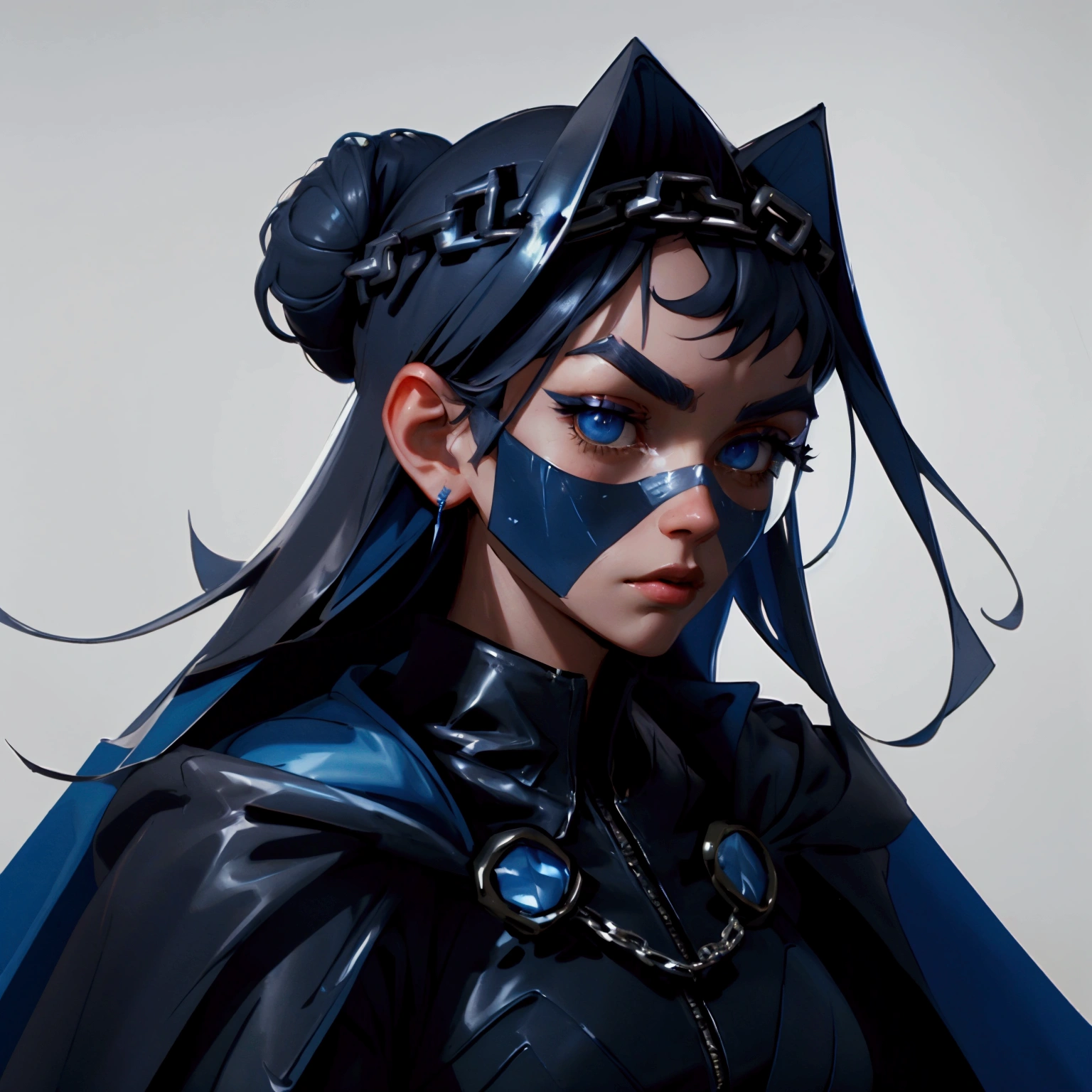 envision a 8k, highres, cinematic, close up beautiful portrait of an Big tall girl named Kronii Ouro with long dark blue hair in a bun, blue eyes, wrapped in chains, wearing a tight black superhero suit with a long flowing blue cape, a black helmet mask against a dark background