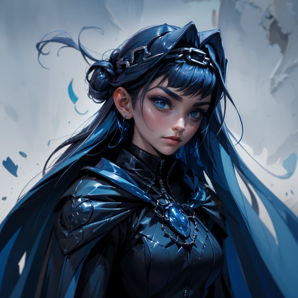 envision a 8k, highres, cinematic, close up beautiful portrait of an Big tall girl named Kronii Ouro with long dark blue hair in a bun, blue eyes, wrapped in chains, wearing a tight black superhero suit with a long flowing blue cape, a black helmet mask against a dark background