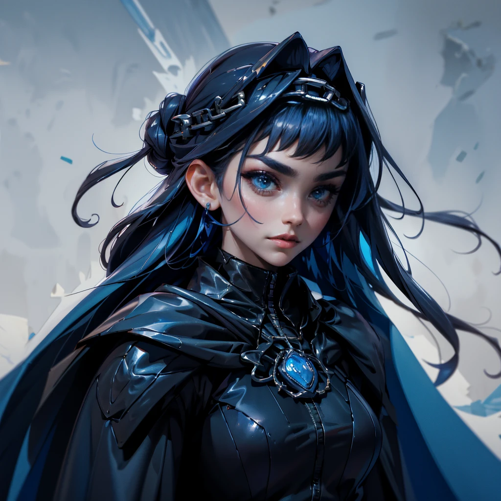 envision a 8k, highres, cinematic, close up beautiful portrait of an Big tall girl named Kronii Ouro with long dark blue hair in a bun, blue eyes, wrapped in chains, wearing a tight black superhero suit with a long flowing blue cape, a black helmet mask against a dark background