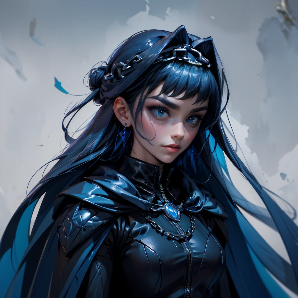 envision a 8k, highres, cinematic, close up beautiful portrait of an Big tall girl named Kronii Ouro with long dark blue hair in a bun, blue eyes, wrapped in chains, wearing a tight black superhero suit with a long flowing blue cape, a black helmet mask against a dark background