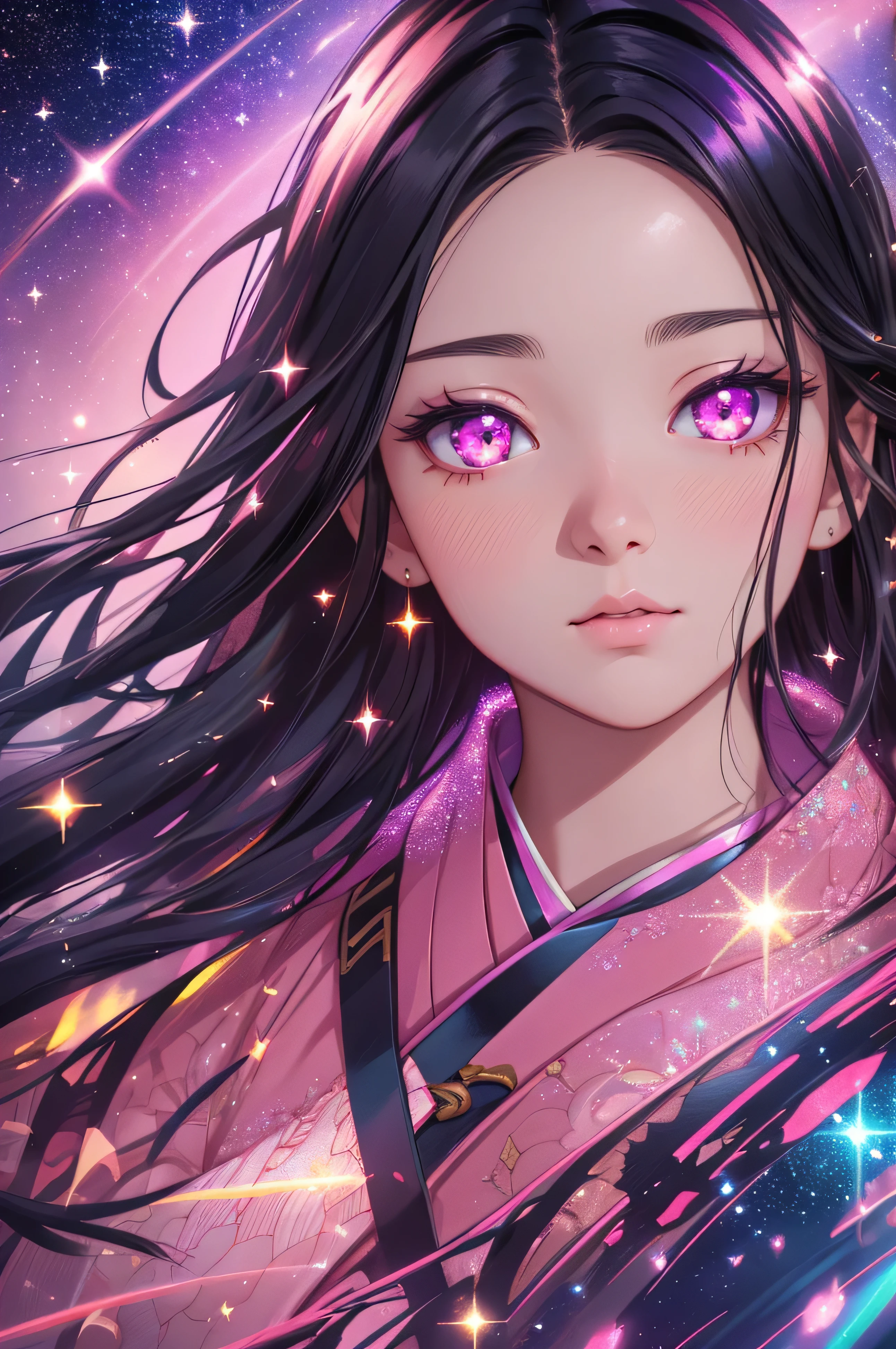 Nezuko from demon slayer. a young woman with long dark hair, (pink eyes), beautiful detailed eyes, beautiful detailed lips, extremely detailed face, longeyelashes, wearing a pink kimono, (best quality,4k,8k,highres,masterpiece:1.2),ultra-detailed,(realistic,photorealistic,photo-realistic:1.37),digital painting,exquisite detail,intricate details,highly detailed,vivid colors,warm lighting,cinematic lighting,dramatic lighting, iridescence, dramatic angle, space, (floating colorful sparkles:1.3), Dramatic Lighting, Chiaroscuro, Evocative Depth, Face Portrait, Close up, ulzzang, looking at viewer, 