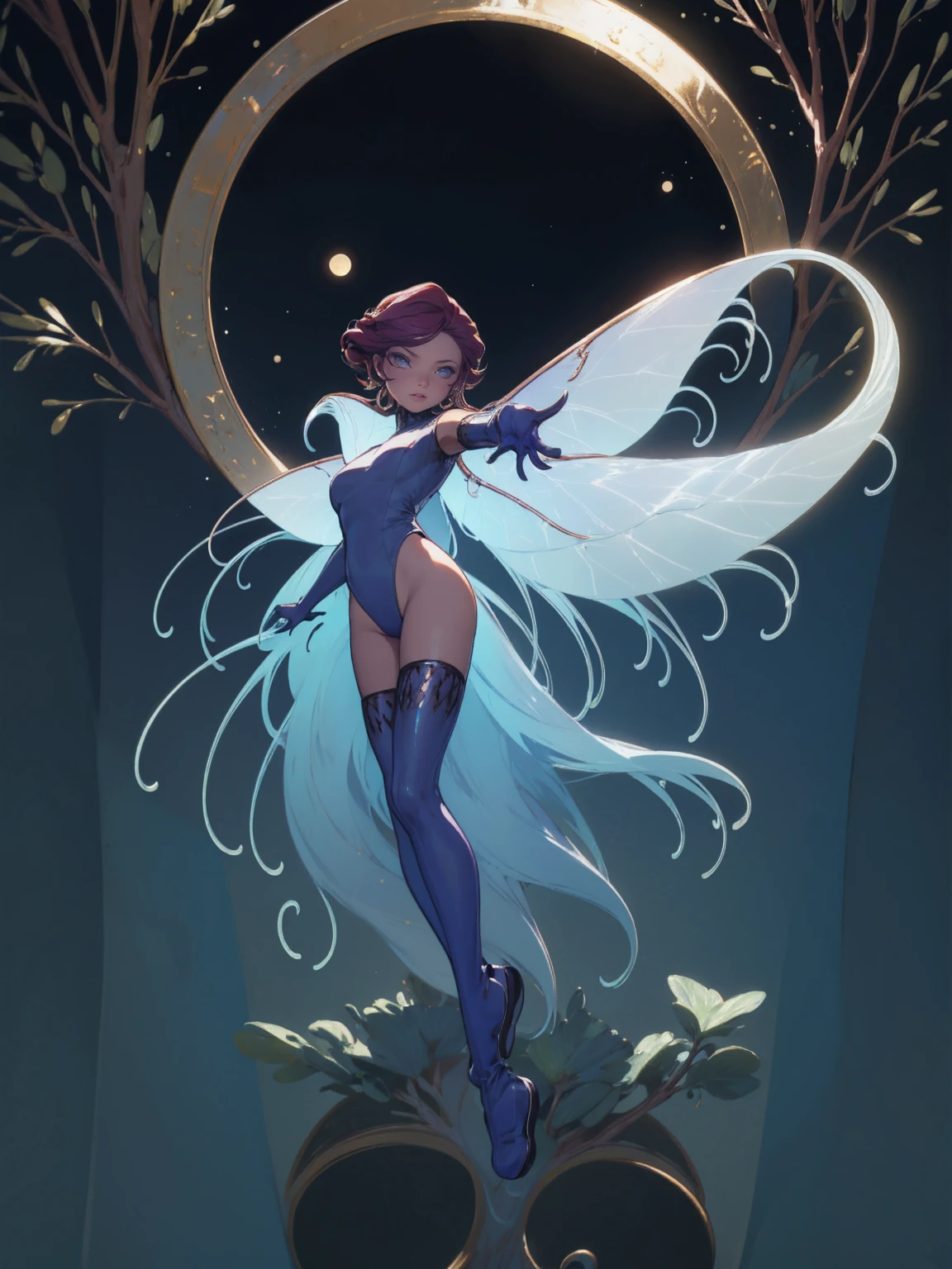 Create an image of Alara, a graceful and luminous fairy who embodies the enchanting qualities of moonlight. She has delicate, translucent wings that shimmer with a silvery-blue hue, reflecting the glow of the moon. Her hair is long and flowing, with a soft, ethereal quality, and it shimmers like spun silver, catching the light with every movement. Her eyes are a deep, luminous blue, reminiscent of the night sky, filled with wisdom and a touch of mischief.

Alara's skin has a soft, iridescent glow, almost as if she is bathed in the light of the moon. She is adorned in a flowing dress made of gossamer-like material that seems to be woven from moonbeams and stardust. The dress is light and airy, with intricate patterns resembling constellations and crescent moons embroidered into the fabric.

She stands in a mystical forest, surrounded by faintly glowing orbs of light that float gently around her. The environment is bathed in the soft glow of the moon, casting delicate shadows and adding a magical atmosphere to the scene. Alara's pose is elegant, with one hand gently reaching out as if to touch the light around her, and her expression is a mixture of curiosity and quiet strength.

The overall atmosphere of the image should evoke a sense of serenity and enchantment, capturing Alara's deep connection to the moon and the natural world around her.