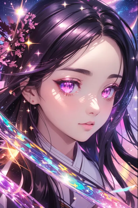 nezuko from demon slayer. a young woman with long dark hair, (pink eyes), beautiful detailed eyes, beautiful detailed lips, extr...