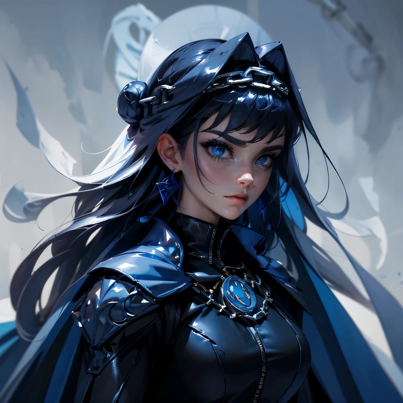 envision a 8k, highres, cinematic, close up beautiful portrait of an Big tall girl named Kronii Ouro with long dark blue hair in a bun, blue eyes, wrapped in chains, wearing a tight black superhero suit with a long flowing blue cape, a black helmet mask against a dark background