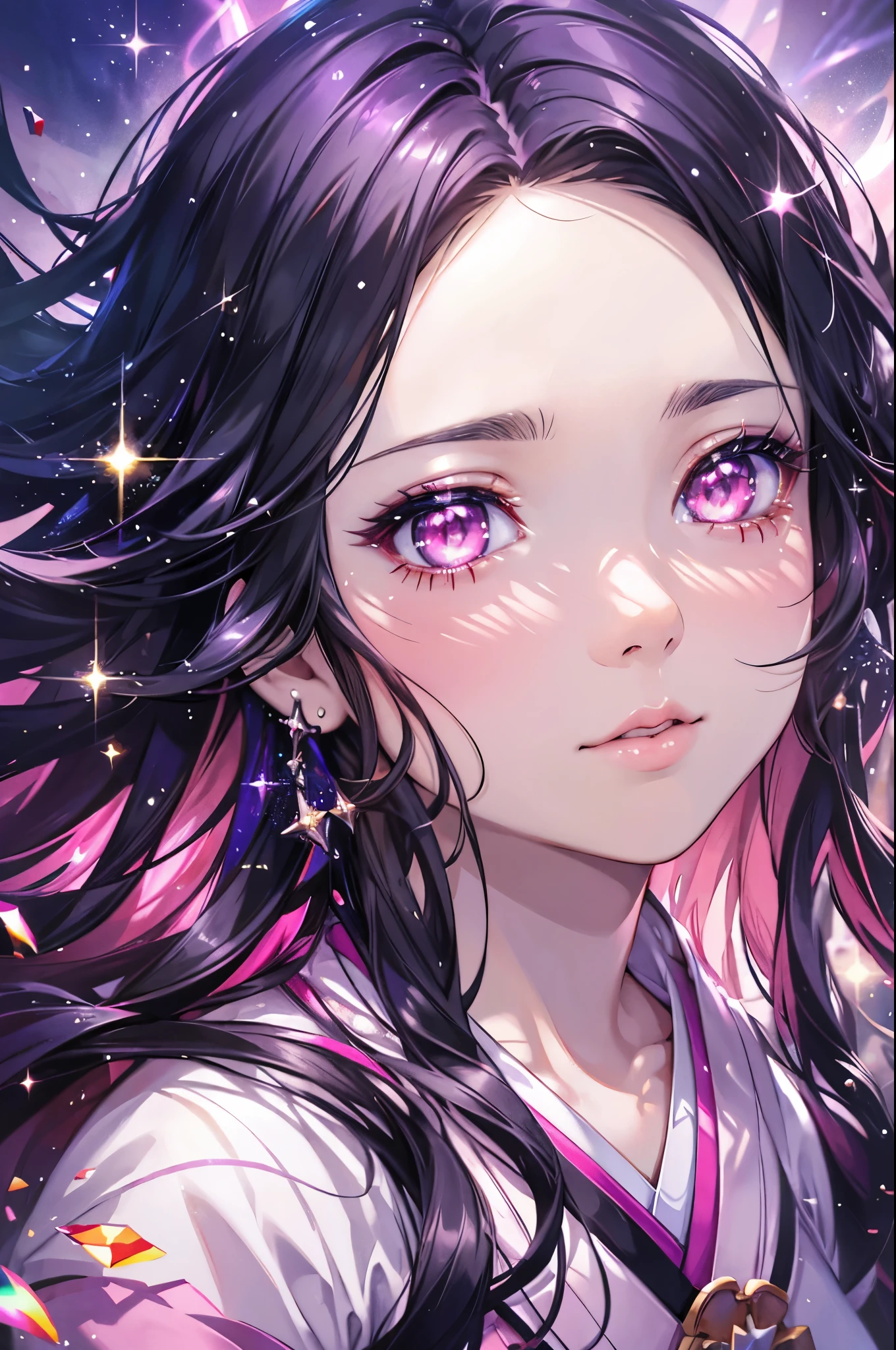 Nezuko from demon slayer. a young woman with long dark hair, (pink eyes), beautiful detailed eyes, beautiful detailed lips, extremely detailed face, longeyelashes, wearing a pink kimono, (best quality,4k,8k,highres,masterpiece:1.2),ultra-detailed,(realistic,photorealistic,photo-realistic:1.37),digital painting,exquisite detail,intricate details,highly detailed,vivid colors,warm lighting,cinematic lighting,dramatic lighting, iridescence, dramatic angle, space, (floating colorful sparkles:1.3), Dramatic Lighting, Chiaroscuro, Evocative Depth, Face Portrait, Close up, ulzzang, looking at viewer,
