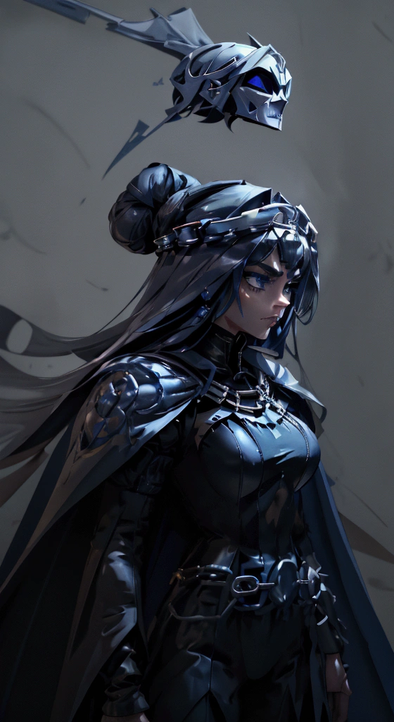 envision a 8k, highres, cinematic, fully body design sheet of a fierce empress Big tall girl named Kronii Ouro with long dark blue hair in a bun, blue eyes, wrapped in chains, wearing a tight black superhero suit with a long flowing blue cape, a black helmet mask against a dark background