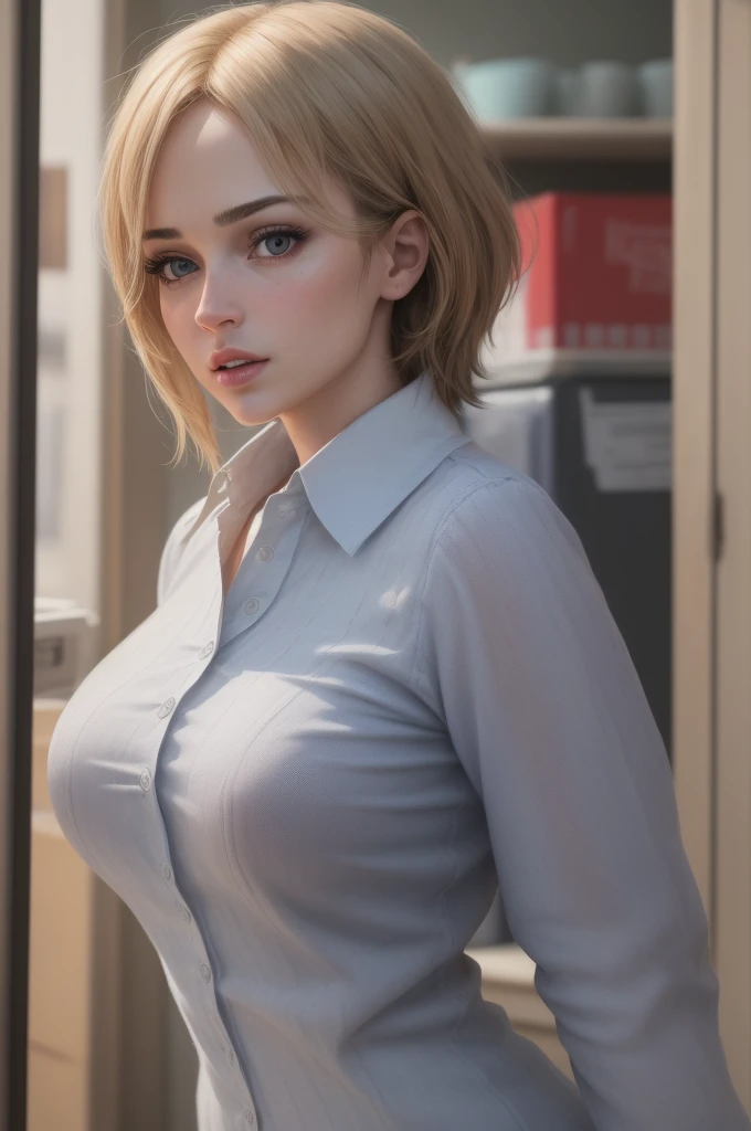 (best quality,4k,8k,highres,masterpiece:1.2),ultra-detailed,(realistic,photorealistic,photo-realistic:1.37),1 woman with large breasts, confused expression, casual office outfit, viewed from behind, uzakihana style,detailed face,detailed eyes,detailed lips,detailed nose,detailed facial features,detailed hands,intricate background details,warm lighting,depth of field,vibrant colors,cinematic composition