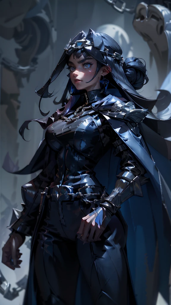 envision a 8k, highres, cinematic, fully body design sheet of a fierce empress Big tall girl named Kronii Ouro with long dark blue hair in a bun, blue eyes, wrapped in chains, wearing a tight black superhero suit with a long flowing blue cape, a black helmet mask against a dark background