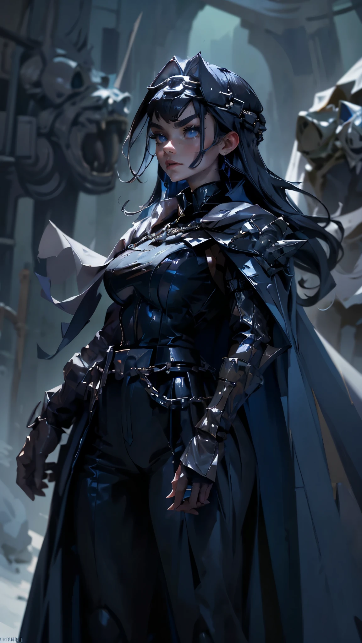 envision a 8k, highres, cinematic, fully body design sheet of a fierce empress Big tall girl named Kronii Ouro with long dark blue hair in a bun, blue eyes, wrapped in chains, wearing a tight black superhero suit with a long flowing blue cape, a black helmet mask against a dark background