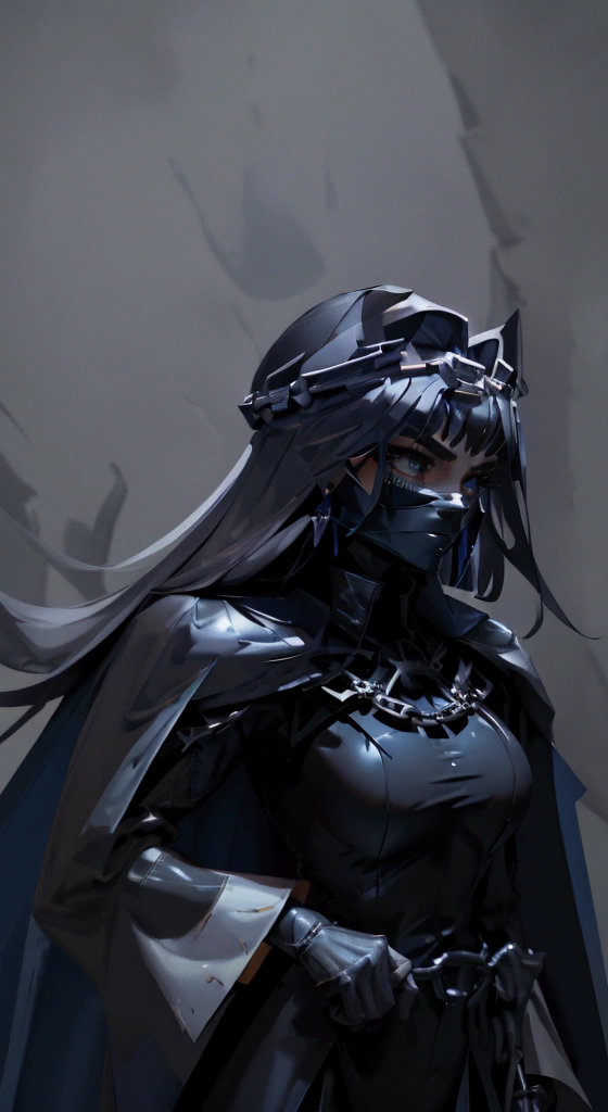 envision a 8k, highres, cinematic, fully body design sheet of a fierce empress Big tall girl with long legs named Kronii Ouro with long dark blue hair in a bun, blue eyes, wrapped in chains, wearing a tight black superhero suit with a long flowing blue cape, a black helmet mask against a dark background