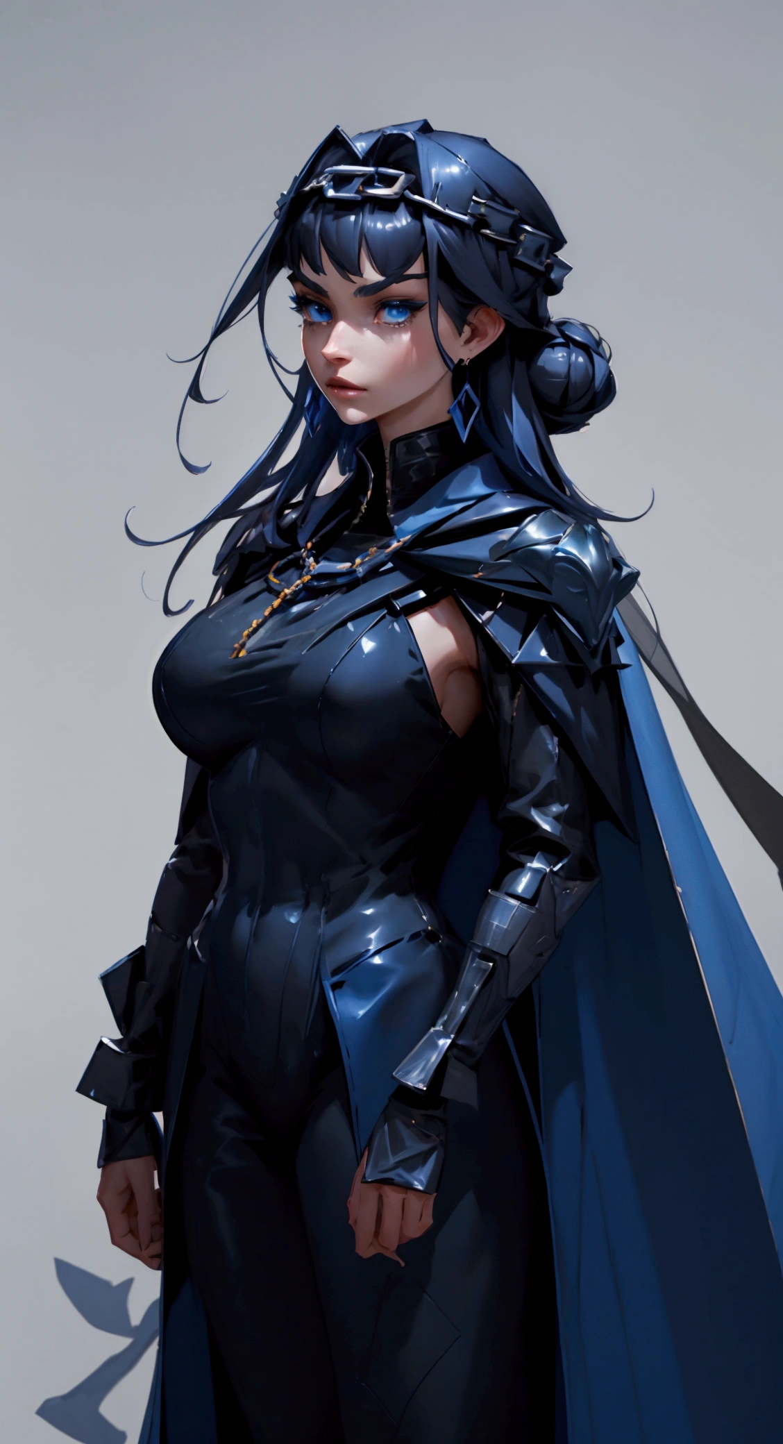 envision a 8k, highres, cinematic, fully body design sheet of a fierce empress Big tall girl with long legs named Kronii Ouro with long dark blue hair in a bun, blue eyes, wrapped in chains, wearing a tight black superhero suit with a long flowing blue cape, a black helmet mask against a dark background