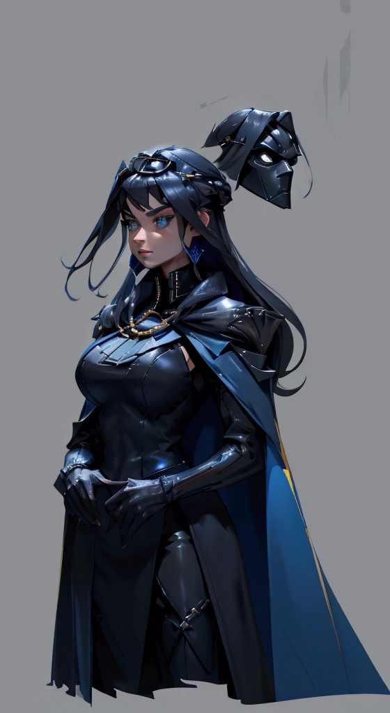 envision a 8k, highres, cinematic, fully body design sheet of a fierce empress Big tall girl with long legs named Kronii Ouro with long dark blue hair in a bun, blue eyes, wrapped in chains, wearing a tight black superhero suit with a long flowing blue cape, a black helmet mask against a dark background