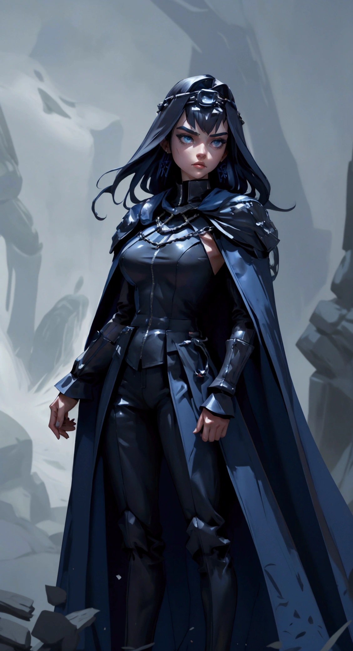 envision a 8k, highres, cinematic, fully body design sheet of a fierce empress Big tall girl with long legs named Kronii Ouro with long dark blue hair in a bun, blue eyes, wrapped in chains, wearing Darth Vader's Suit with a long flowing blue cape, a black helmet mask against a dark background