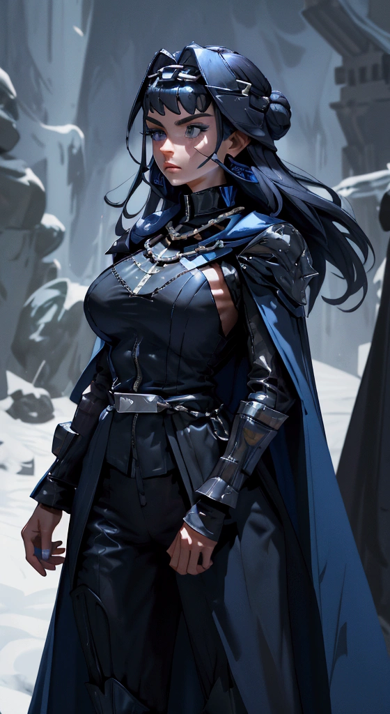 envision a 8k, highres, cinematic, fully body design sheet of a fierce empress Big tall girl with long legs named Kronii Ouro with long dark blue hair in a bun, blue eyes, wrapped in chains, wearing Darth Vader's Suit with a long flowing blue cape, a black helmet mask against a dark background