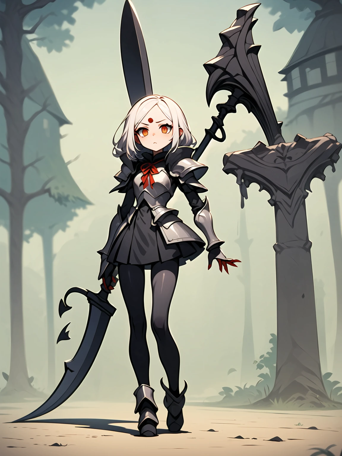  (((Masterpiece, best quality, 16k))) female character with long white hair and piercing red eyes. She wears a demonic armor in purple, black, and white.  wields a large, stylized scythe. The character has a menacing expression, with a chaotic environment as the background. ((full body front view)). ((slender)), (extremely detailed:1.5), (long white hair:1.2), (piercing red eyes:1.2), (chaotic environment:1.1), (demonic armor:1.3), (stylized scythe:1.3).