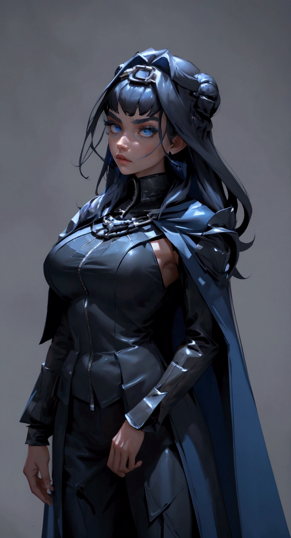 envision a 8k, highres, cinematic, fully body design sheet of a fierce empress Big tall girl with long legs named Kronii Ouro with long dark blue hair in a bun, blue eyes, wrapped in chains, wearing Darth Vader's Suit with a long flowing blue cape, a black helmet mask against a dark background