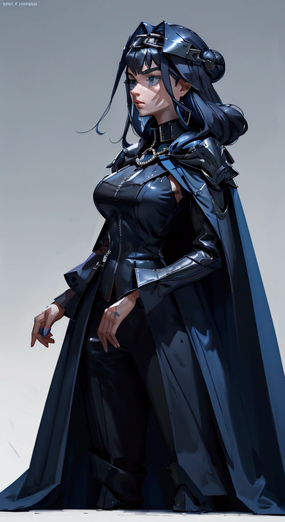 envision a 8k, highres, cinematic, fully body design sheet of a fierce empress Big tall girl with long legs named Kronii Ouro with long dark blue hair in a bun, blue eyes, wrapped in chains, wearing Darth Vader's Suit with a long flowing blue cape, a black helmet mask against a dark background