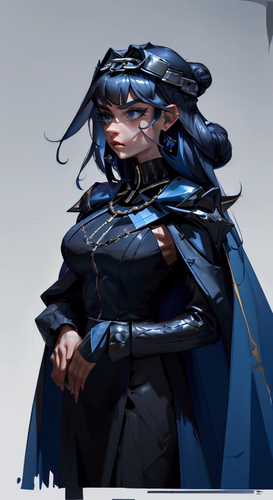 envision a 8k, highres, cinematic, fully body design sheet of a fierce empress Big tall girl with long legs named Kronii Ouro with long dark blue hair in a bun, blue eyes, wrapped in chains, wearing Darth Vader's Suit with a long flowing blue cape, a black helmet mask against a dark background