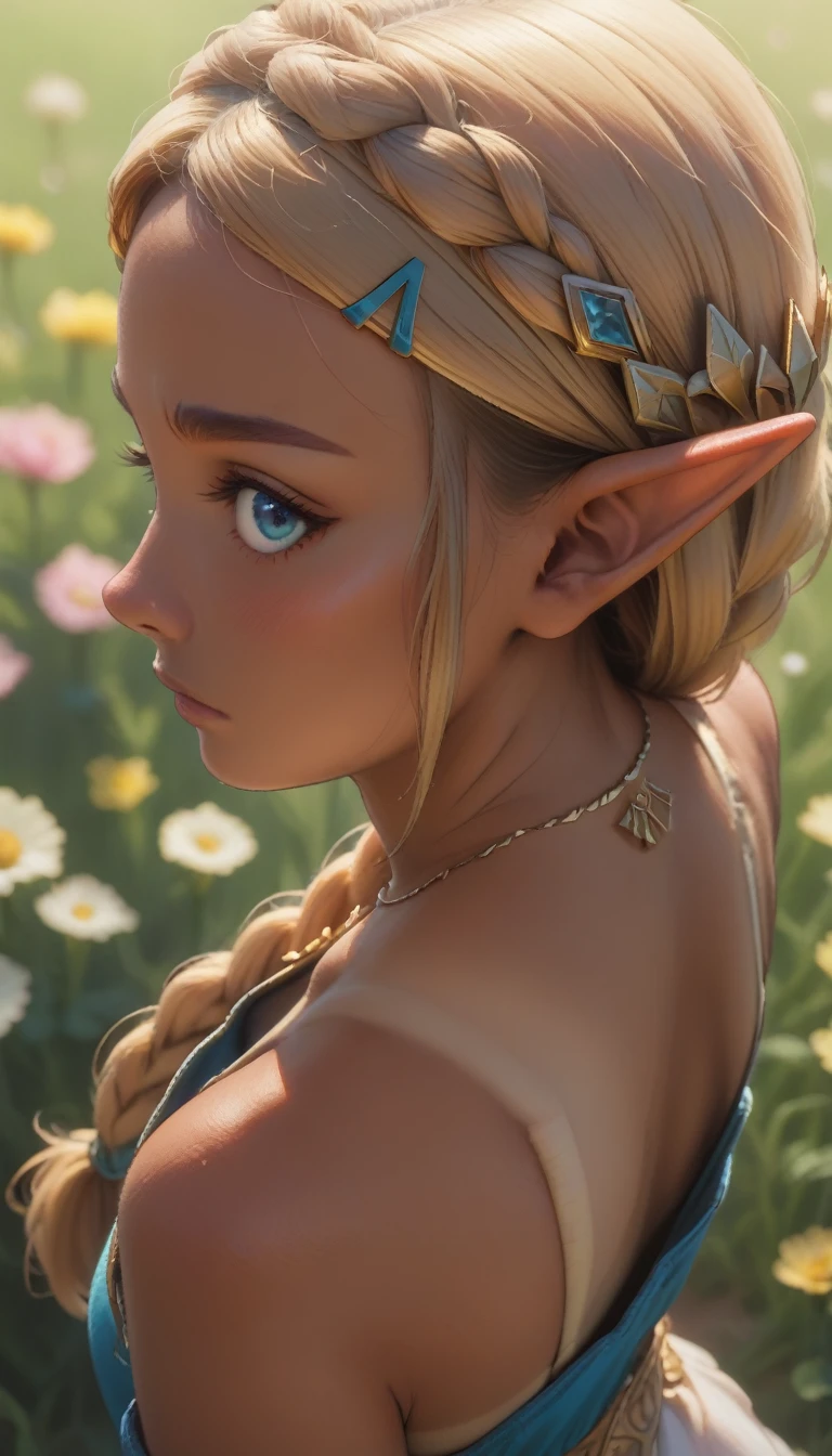 zPDXL, 1girl, masterpiece, absurdres, best quality, Princess Zelda, blonde hair, triforce necklace, blue eyes, eyelashes, long hair, (hyrule style dress, detailed, blue and white):1.4, blush, (bond braid, tan lines, tanned skin, detailed frontal lighting:1.5), standing in flower field, overshoulderdownblouse, from above, from behind, 