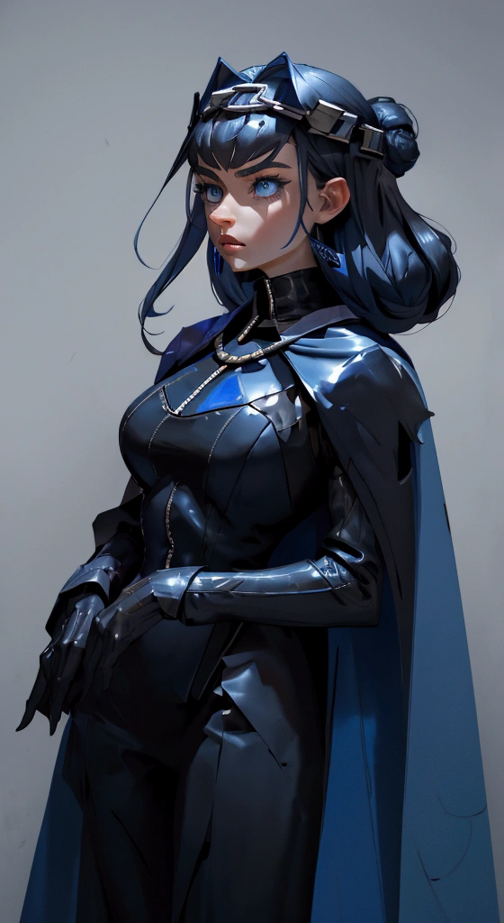 envision a 8k, highres, cinematic, fully body design sheet of a fierce empress Big tall girl with long legs named Kronii Ouro with long dark blue hair in a bun, blue eyes, wrapped in chains, wearing Darth Vader's Suit with a long flowing blue cape, a black helmet mask against a dark background