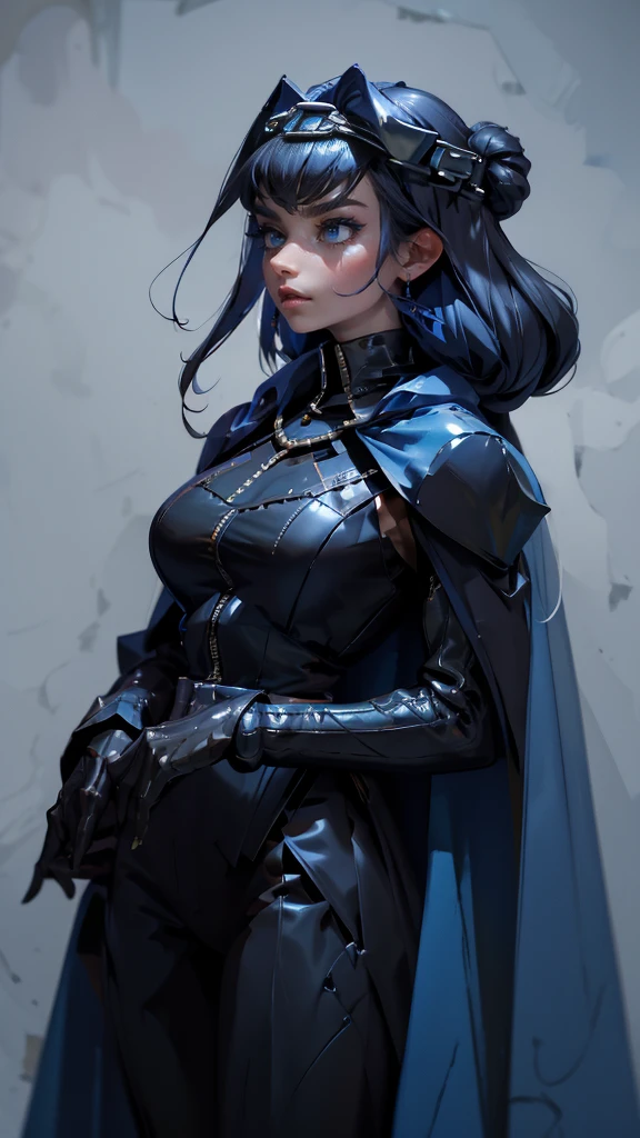 envision a 8k, highres, cinematic, fully body design sheet of a fierce empress Big tall girl with long legs named Kronii Ouro with long dark blue hair in a bun, blue eyes, wrapped in chains, wearing Darth Vader's Suit with a long flowing blue cape, a black helmet mask against a dark background